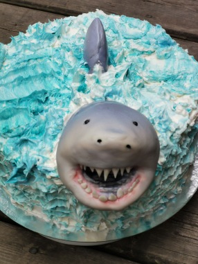 Shark cake with hand sculpted fondant shark