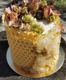 Honeycomb geode cake with dried flowers